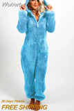 Women Overall Homewear Warm Fleece Hooded High Waist Autumn Winter Solid Color Jumpsuit Pants Jumpsuits Pajama-Outfit