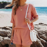 Casual Cotton Linen Pocket Sets Short Sleeve T Shirt And Elastic Shorts Two Piece Set Women Beach Solid Outfits