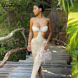 2021 Leopard Print Halter Strap Maxi Dress Hollow Out Backless Bodycon Sexy Party Elegant Club Slim Y2K Robe