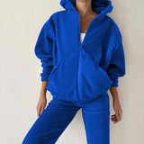 Women Fleece Hoodie Two Piece Sets Hooded Zipper Outerwear And Harem Pant Suit Autumn Winter Fashion Streetwear