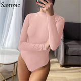 2020 New Fashion Women Sexy Long Sleeve Nude Knitted Bodysuit Black White Turtleneck Autumn Skinny Short Rompers Body