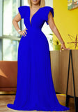 Formal V-neck Short Sleeves Solid Pleated A-line Evening