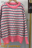 Women Sweater O Neck Pullover Chic Thicken Striped Sweaters Winter Clothes Sweet Jumper Leisure Loose Knitwear-Outfit