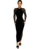 Sexy Black Mesh Patch See Through Round Neck Long Sleeve Slim Long