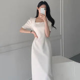 Korean Chic Summer New Style Feminine Vestidos Women Retro Gentle Wind Square Collar Solid Color Office Lady Split Long