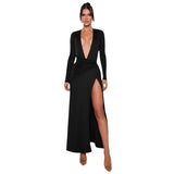 Women's New Sexy Deep V Long-Sleeved Solid Color Open-Fork Dress Dress Dress