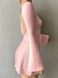 Backless Knitted Long Sleeve Mini Dress-Outfit
