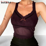 Lace Patchwork Top Cami Mesh Transparent V Neck Bow Sleeveless Summer Women Camisole Tank Top Casual Sexy Elegant