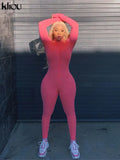 Kliou solid turtleneck full sleeve jumpsuits classic one piece women fitness slim rompers zipper long overall skinny
