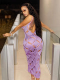 Kliou Unique Style Geometric Maxi Dress Women Elegant Spaghetti Strap Cleavage Backless Hollow Out Robe High Street Lady