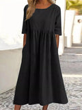 Cotton-Sleeved Short-Sleeved Pocket Folded Loose Round-Neck Dress In Summer