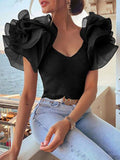Women Elegant Fashion Female Top Casual Brief Ribbed Layered Ruffles Short Sleevel V Neck Slim Fit