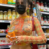 Graphic Print Green Mesh Sheer T-shirt Long Flare Sleeve Slim Crop Tops Sexy See Trough Women Tops Y2K Vintage
