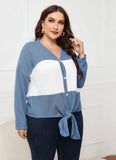 Color Blocking Casual V-neck Full Sleeves Knotted Regular Plus Size