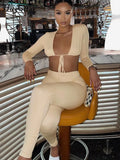 2021 Summer Solid Long Sleeves Bandage V Neck Crop Top Leggings 2 Pieces Set Bodycon Sexy Party Club