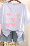 100% Cotton L-6XL T Shirt Plus Size Tshirt Short Sleeve Women Top Summer Heart Print Sweet V Neck Oversized T Shirts-Outfit