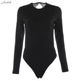 Sexy Backless Lace Patchwork Bodysuit Black O Neck Long Sleeve Back Hollow Out Slim Women Bodysuits Skinny Party