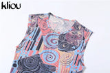 Kliou Mesh Paisley Print Two Piece Set Women Skinny O-Neck Sleeveless Top+ Multi-Color Pencil Pants Streetwear Female