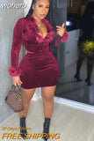 Furry Colllar Velvet 2 Piece Set Women V Neck Plush Sleeve Button Crop Top Mini Skirts Skinny Club Party Rave Outfits Suits-Outfit
