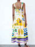 2023 Women Summer Strap Dress Fashion Sweet Print Slash neck Split Female Elegant Street Mid-Calf Dresses Clothing-Outfit