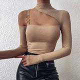 Off Shoulder Cut Off Patchwork Spring Shirts 2020 Women Hollow Out O Neck Elegant Blouse Autumn Long Sleeve Rib Tops