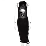 Solid Sleeveless Turtleneck Hollow Out Distressed Maxi Evening Dress 2021 Bodycon Party Elegant Streetwear