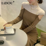 Winter Elegant Fashion Hollow Out Spliced Sweater Bodycon Dress Women Long Sleeve Vestidos De Fiesta Lady Casual Dresses-Outfit