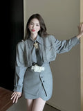 Grey Shirts + Skirt + Tie + Vest Suit Female 2022 Spring Dress Ladies Knitted Vests Layered Shirt Royal Sister Three-piece