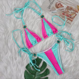 Woherb Sexy New Crystal Diamond Bikini Solid Color Patchwork Belt Swimsuit Vacation Split Women's