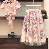 Fresh Chiffon Skirt Elegant Short Sleeve Bowknot Tops Floral Mid-length High Waist Slim Two-piece Suit Shirt Skirt 16673-Outfit