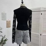 Shooting Babes V-Neck Lace Lace Splicing Belt Long Sleeve Design Irregular Short Bottom Top