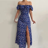 Elegant Off Shoulder Floral Print Dresses For Women 2023 Sexy Short Sleeve A-Line Split Midi Dress Party Dress Vestidos-Outfit