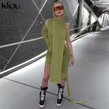 Kliou Knitted Dress Women Sexy See Through X-Long Hoody Tops+One Shoulder Drawstring Ruched Robe Skirt Hipster Future