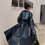 Elegant European Style Long PU Leather Trench Coat Women Double-Breasted with Belt Spring Autumn Lady