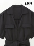 Women Fashion With Belt Front Zipper Jumpsuits Vintage Short Sleeve Side Pockets Female Playsuits Mujer-Outfit