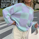 Casual Winter 2021 Plaid Women O Neck Pullovers Knitwear Y2K Sweater Tops Loose Long Sleeve Oversized Sweater