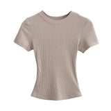 Trend Women's Wear Thread Slim Short-Sleeved T-Shirt Sexy Round Collar Solid Color Shoulder Show Thin Short Navel Blouse-Outfit