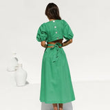 Elegant Short Sleeve V Neck Green Summer Midi Dress For Women 2023 Hollow Out Buttons A-Line Holiday Beach Dress Vestido-Outfit