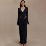 2025 New Solid Color Long-Sleeved Deep V-Neck Sexy Folded Empty Bag Dress Dress
