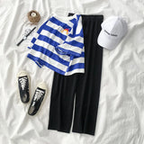 Women Sets Colorful Striped T-shirt Simple Elastic-waist Wild-leg Loose Long Trousers Student Korean Style Casual Comfortable-Outfit