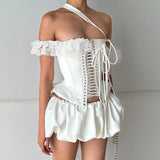 Woherb Fashion Trend With Personality Strapless Top Pleated Skirt Suit Girl-Outfit