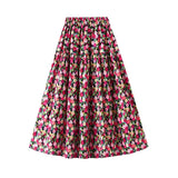 Women Holiday Printed A-line Skirt Elegant Elastic Waist Long Floral A-line Skirt QT2142-Outfit