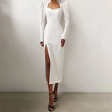 Elegant Party Split Side Dress Puff Sleev Mid-Calf Long Sleeve Office Lady Midi Dress 2020 Autumn Sexy Female