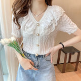 Chic Ruffle Blouse Women Shirt White Chiffon Lace Blouse Sweet V-neck French Vintage Palace Style Short Sleeve Tops