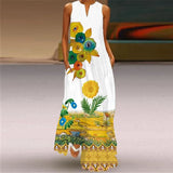 Flower Printed Long Summer Pocket Sexy V-neck Sleeveless Dresses for Women Party Bohemian Ankle-Length Vintage