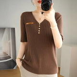 Woherb 2024 New Short Knit Women's Fashion Slim Short-Sleeve T-Shirt Thin Medium Sleeve Top-Outfit