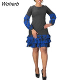 Autumn Fashion Splice Floral Ruffle Dress Women Office Ladies Casual Round Neck Long Sleeve Ruffle Dress Women-Outfit
