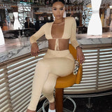 2021 Summer Solid Long Sleeves Bandage V Neck Crop Top Leggings 2 Pieces Set Bodycon Sexy Party Club