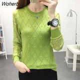Neck Lace Hollow Bottoming Shirt Loose Long Sleeve Knitted Sweater Pullover Women's Autumn New Top Bottoming Sweater-Outfit