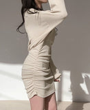 Sexy Rib V Neck Off Shoulder Long Sleeve Mini
